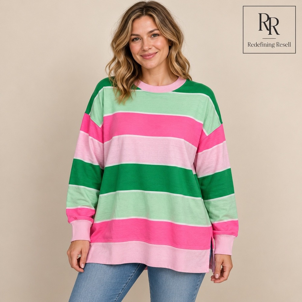 Crown & Ivy Womens XL Pink Green Striped Oversized Crew Neck Sweatshirt Pullover